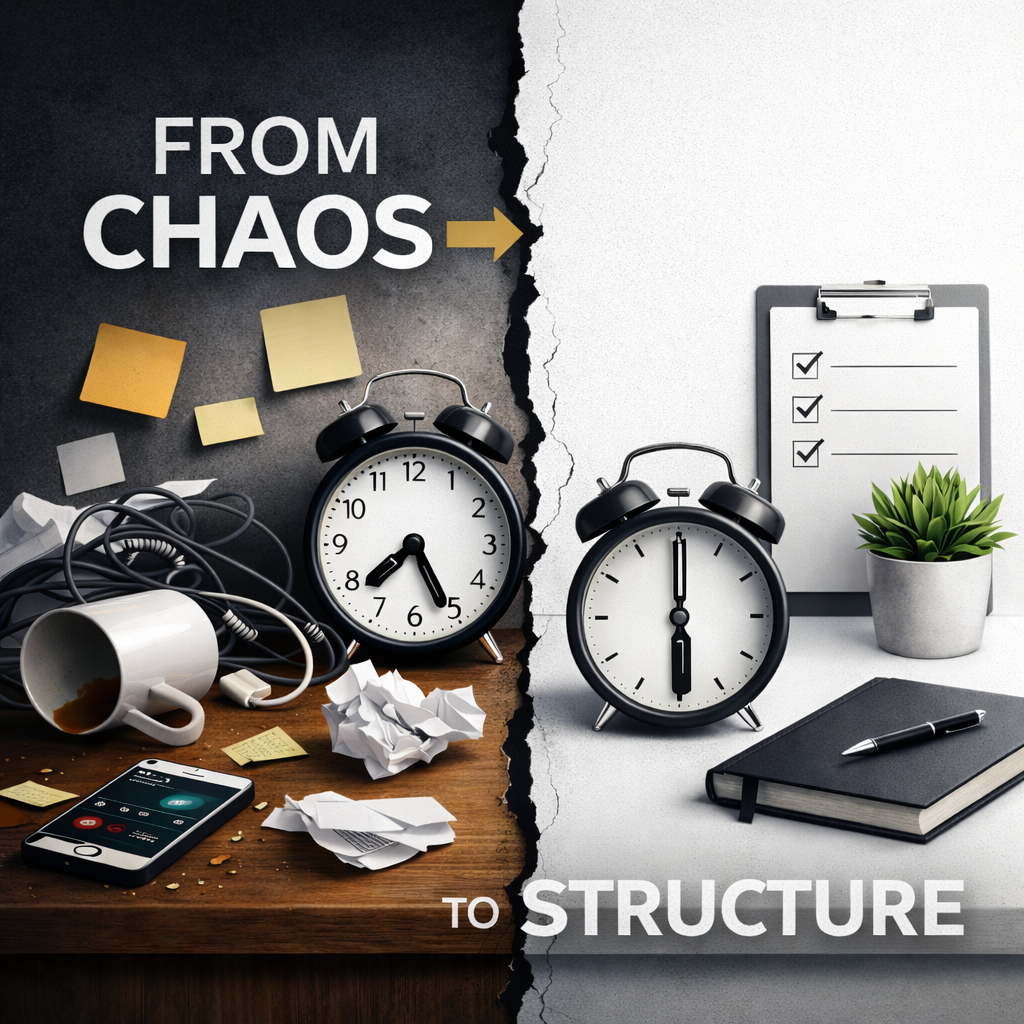 Contrast between chaotic workspace and organised desk symbolising business discipline and structure